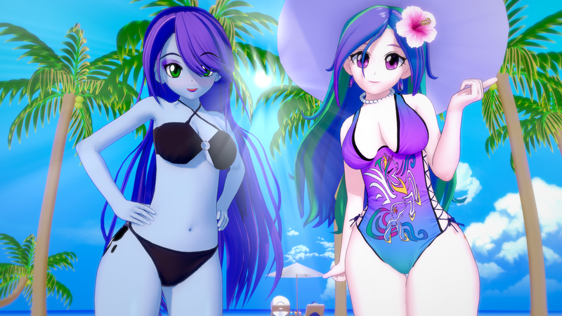 Size: 1920x1080 | Tagged: safe, artist:ratachu666, derpibooru import, princess celestia, princess luna, equestria girls, g4, 3d, bikini, black bikini, clothes, duo, duo female, female, hand on hip, image, koikatsu, legs together, looking at you, one-piece swimsuit, palm tree, png, principal celestia, swimsuit, tree, vice principal luna