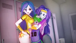 Size: 1920x1080 | Tagged: suggestive, artist:ratachu666, derpibooru import, princess celestia, rarity, spike, human, equestria girls, g4, 3d, blushing, boob smothering, breasts, busty princess celestia, clothes, cutie mark, cutie mark on equestria girl, female, human spike, humanized, image, koikatsu, leotard, locker room, male, png, principal celestia, ship:spikelestia, shipping, smothering, sparity, straight, trio