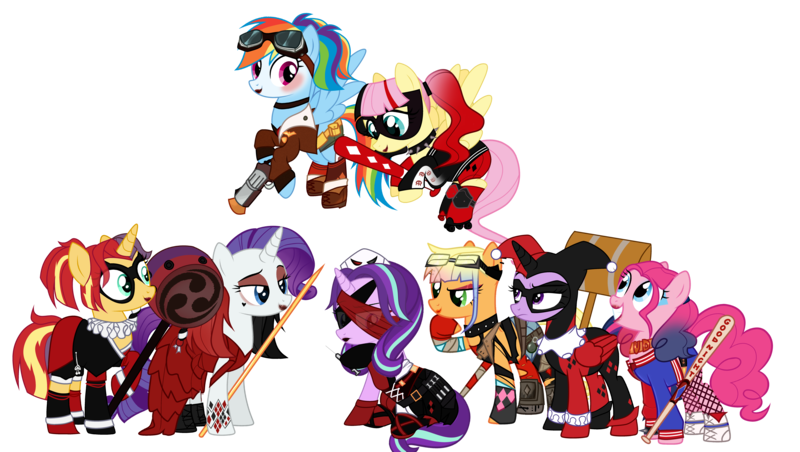 Size: 9283x5244 | Tagged: safe, artist:idkhesoff, derpibooru import, applejack, fluttershy, pinkie pie, rainbow dash, rarity, starlight glimmer, sunset shimmer, twilight sparkle, twilight sparkle (alicorn), alicorn, earth pony, pegasus, pony, unicorn, g4, absurd resolution, alternate hairstyle, bandage, baseball bat, batman ninja, belt, blindfold, bomber jacket, boots, choker, clothes, corset, cosplay, costume, crossover, dc bombshells, dc comics, dc future slate, dress, ear piercing, earring, eyeshadow, face paint, female, fingerless gloves, fishnets, flying, future slate, gloves, goggles, grenade, grin, gun, hammer, handgun, harley quinn, hat, image, jacket, javelin, jewelry, knee pads, knife, lipstick, makeup, mallet, mane six, mare, mask, needle, nurse hat, nurse outfit, piercing, pistol, play arts kai, playing card, png, raised hoof, ripped stockings, roller skates, shoes, shorts, simple background, sitting, skirt, smiling, sneakers, socks, spiked choker, spread wings, stockings, suicide squad, syringe, tanktop, tattoo, the lego batman movie, the suicide squad, thigh highs, torn clothes, torn socks, transparent background, voice actor joke, wall of tags, weapon, wings