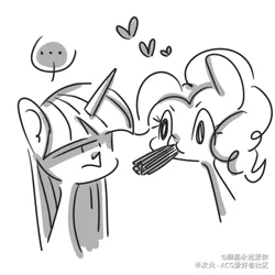 Size: 1080x1080 | Tagged: safe, artist:piaojun55154, derpibooru import, pinkie pie, twilight sparkle, pony, g4, dot eyes, duo, female, food, image, lesbian, mare, monochrome, png, pocky, pocky game, shipping, simple background, twinkie, white background