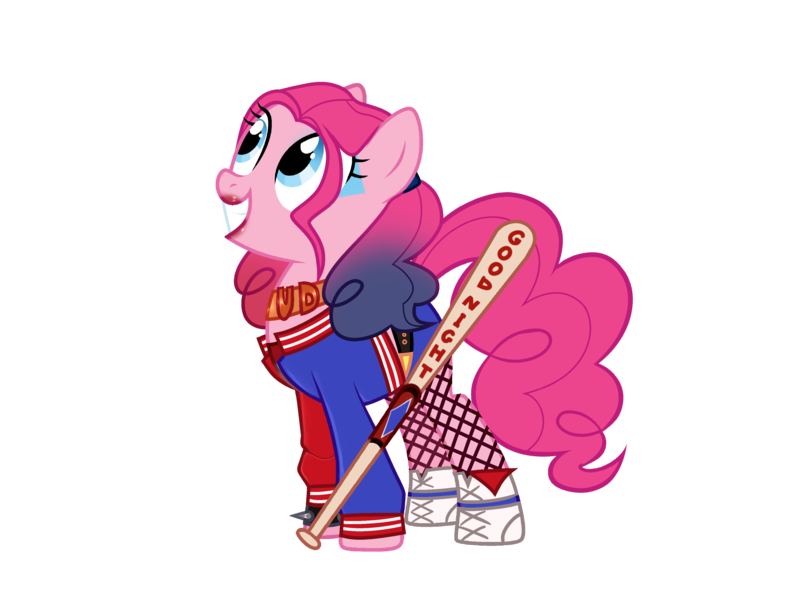 Size: 3636x2685 | Tagged: safe, artist:idkhesoff, derpibooru import, pinkie pie, earth pony, pony, g4, alternate hairstyle, baseball bat, belt, boots, choker, clothes, cosplay, costume, crossover, dc comics, derpibooru exclusive, eyeshadow, female, fishnets, grin, harley quinn, high res, image, jacket, lipstick, makeup, mare, pinkie quinn, png, shoes, shorts, simple background, smiling, sneakers, solo, transparent background