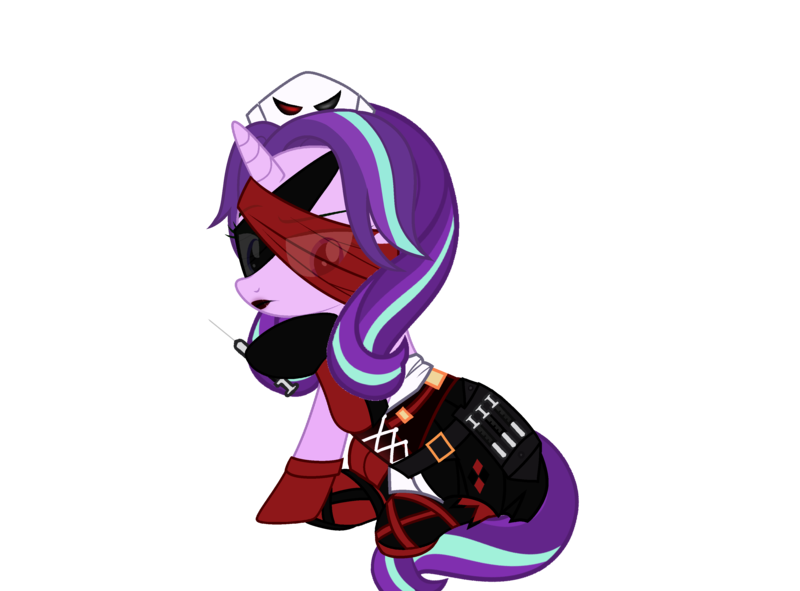 Size: 3636x2685 | Tagged: safe, artist:idkhesoff, derpibooru import, starlight glimmer, pony, unicorn, g4, alternate hairstyle, belt, blindfold, boots, clothes, corset, cosplay, costume, crossover, dc comics, derpibooru exclusive, female, gloves, harley quinn, hat, high res, image, lipstick, makeup, mare, needle, nurse, nurse hat, nurse outfit, play arts kai, png, raised hoof, shoes, simple background, sitting, skirt, socks, solo, stockings, syringe, thigh highs, transparent background