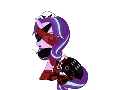 Size: 3636x2685 | Tagged: safe, artist:idkhesoff, derpibooru import, starlight glimmer, pony, unicorn, g4, alternate hairstyle, belt, blindfold, boots, clothes, corset, cosplay, costume, crossover, dc comics, derpibooru exclusive, female, gloves, harley quinn, hat, high res, image, lipstick, makeup, mare, needle, nurse, nurse hat, nurse outfit, play arts kai, png, raised hoof, shoes, simple background, sitting, skirt, socks, solo, stockings, syringe, thigh highs, transparent background