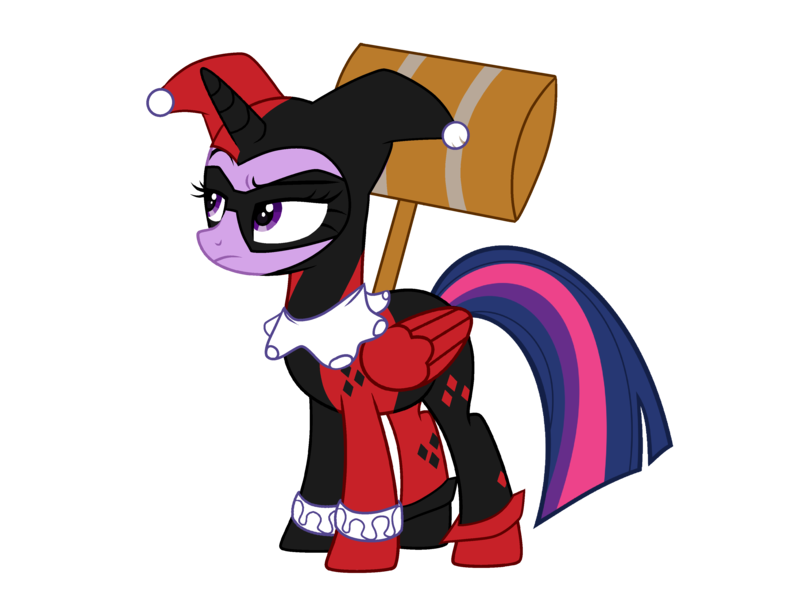 Size: 3636x2685 | Tagged: safe, artist:idkhesoff, derpibooru import, twilight sparkle, twilight sparkle (alicorn), alicorn, pony, g4, alternate hairstyle, bodysuit, boots, clothes, cosplay, costume, crossover, dc comics, derpibooru exclusive, female, gloves, hammer, harley quinn, high res, image, jester, makeup, mallet, mare, mask, png, shoes, simple background, solo, tara strong, transparent background, voice actor joke