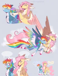 Size: 1068x1405 | Tagged: safe, artist:wanderingpegasus, derpibooru import, fluttershy, rainbow dash, pegasus, pony, g4, alternate hairstyle, animal crossing, blue background, blushing, braiding, chest fluff, cloud, cute, dashabetes, doom, doom eternal, duo, eyes closed, female, flying, friendshipping, grin, image, mare, markings, png, redesign, shyabetes, simple background, size difference, smiling, unshorn fetlocks