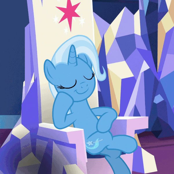 Size: 600x600 | Tagged: safe, derpibooru import, screencap, trixie, pony, unicorn, all bottled up, g4, cropped, crossed legs, eyes closed, female, friendship throne, hoof on chin, image, jpeg, mare, solo, twilight's castle