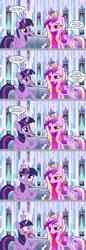 Size: 1138x3301 | Tagged: safe, artist:silverbuller, derpibooru import, princess cadance, twilight sparkle, twilight sparkle (alicorn), alicorn, pony, g4, blushing, comic, duo, duo female, female, image, implied good clean married sex, implied princess flurry heart, implied sex, implied shining armor, jpeg, mare, sisters-in-law, sudden realization