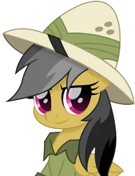 Size: 1156x1500 | Tagged: safe, artist:cloudy glow, derpibooru import, daring do, pegasus, pony, g4, bust, clothes, cute, daring dorable, female, hat, image, looking at you, mare, movie accurate, pith helmet, png, shiny eyes, shirt, simple background, smiling, solo, transparent background, vector