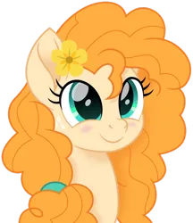 Size: 1280x1479 | Tagged: safe, artist:cloudy glow, derpibooru import, pear butter, earth pony, pony, g4, cute, female, flower, flower in hair, image, looking up, mare, movie accurate, pearabetes, png, simple background, smiling, solo, transparent background, vector