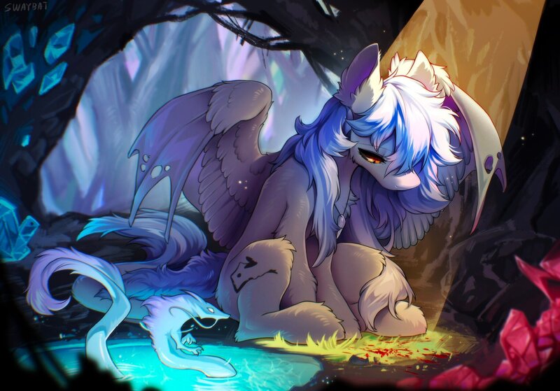 Size: 2048x1430 | Tagged: safe, artist:swaybat, derpibooru import, oc, unofficial characters only, bat pony, hybrid, pony, blood, crepuscular rays, crystal, detailed background, forest, hybrid wings, image, jpeg, pegabat, solo, tree, water, wings