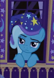 Size: 346x497 | Tagged: safe, derpibooru import, screencap, trixie, pony, unicorn, g4, season 6, to where and back again, bags under eyes, cropped, female, hat, image, jpeg, mare, nightcap, solo, tired, trixie's nightcap, trixie's wagon, wagon