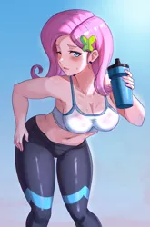 Size: 800x1213 | Tagged: suggestive, artist:tzc, derpibooru import, fluttershy, human, g4, belly button, blushing, breasts, busty fluttershy, cleavage, clothes, female, humanized, image, jpeg, leaning forward, open mouth, pants, see-through, sexy, solo, solo female, sports bra, stupid sexy fluttershy, sultry pose, sweat, sweatpants, water bottle