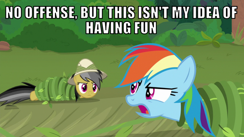 Size: 1066x600 | Tagged: safe, derpibooru import, edit, edited screencap, editor:twi clown, screencap, daring do, rainbow dash, pegasus, pony, daring doubt, g4, caption, female, image, image macro, jungle, mare, png, rainbond dash, rainbow dash is not amused, text, tied up, unamused