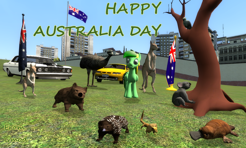 Size: 1131x681 | Tagged: safe, artist:didgereethebrony, derpibooru import, oc, oc:didgeree, bird, cockatoo, echidna, emu, kangaroo, koala, pegasus, platypus, pony, wallaby, 3d, australia day 2022, australian flag, ford, ford falcon, ford falcon gh-ho phase iii, frilled neck lizard, gmod, gmod construct, holden, hsv, hsv gts, image, png, wombat