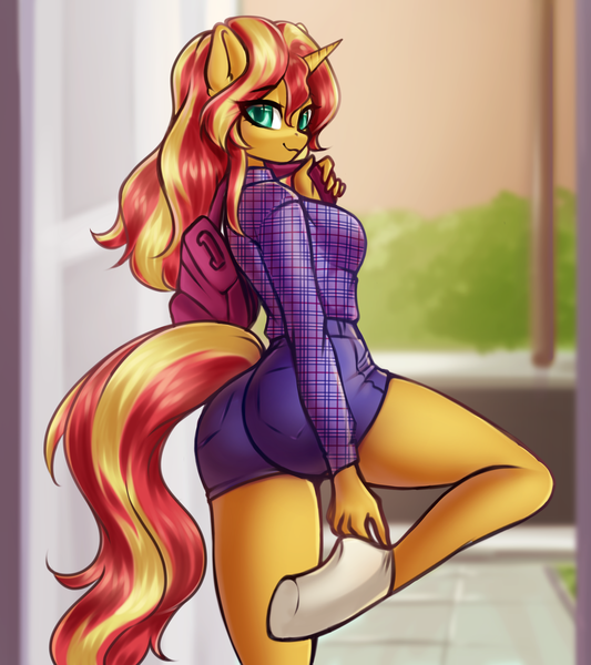 Size: 3112x3500 | Tagged: safe, artist:yutakira92, derpibooru import, sunset shimmer, anthro, unguligrade anthro, unicorn, g4, ass, backpack, blurry background, breasts, bunset shimmer, busty sunset shimmer, butt, clothes, colored pupils, explicit source, eye clipping through hair, eyebrows, eyebrows visible through hair, eyelashes, female, high res, horn, image, implied tail hole, looking at you, looking back, looking back at you, plaid shirt, png, shirt, shorts, smiling, smiling at you, socks, solo, thighs