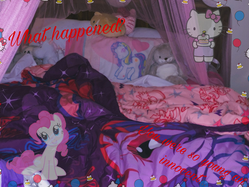 Size: 3997x2997 | Tagged: artist needed, semi-grimdark, derpibooru import, edit, pinkie pie, sunny daze (g3), twilight sparkle, twilight sparkle (alicorn), alicorn, cat, earth pony, pony, rabbit, unicorn, g3, g4, animal, balloon, bed, bedroom, blanket, bow, cake, clothes, cursive writing, female, food, hello kitty, hello kitty (character), high res, image, implied abuse, irl, jpeg, kitty white, photo, pillow, plushie, red text, sanrio, teddy bear, text, traumacore, vent art