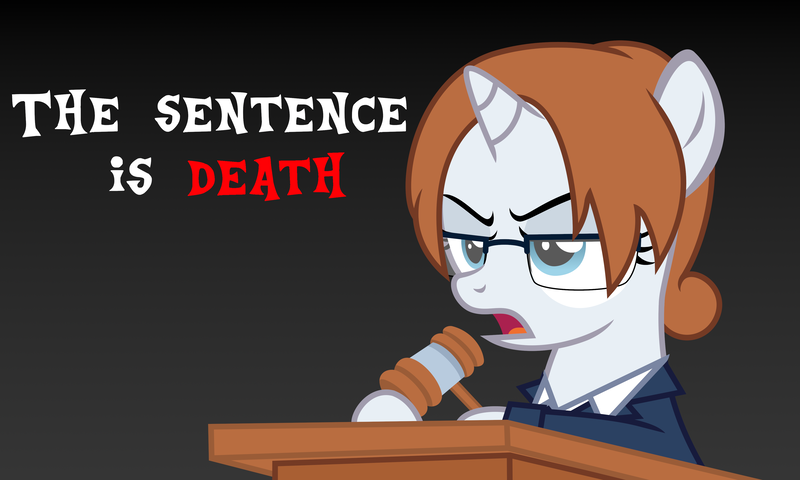 Size: 4250x2550 | Tagged: safe, artist:strategypony, derpibooru import, oc, oc:diamond gavel, unofficial characters only, pony, unicorn, asdfmovie, clothes, cute, death, dialogue, female, filly, foal, gavel, glasses, gradient background, horn, image, implied death, implied execution, judge, out of character, png, podium, pure unfiltered evil, serious, simple background, suit, text, this will end in death, unicorn oc