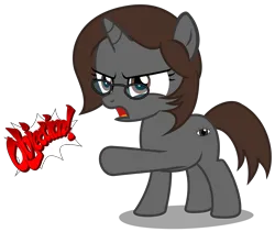 Size: 3690x3110 | Tagged: safe, artist:strategypony, derpibooru import, oc, oc:sonata, unofficial characters only, pony, unicorn, ace attorney, angry, elements of justice, female, filly, foal, glasses, high res, horn, image, objection, open mouth, png, pointing, simple background, transparent background, turnabout storm, unicorn oc