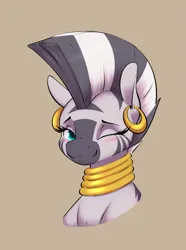 Size: 1743x2337 | Tagged: safe, artist:aquaticvibes, derpibooru import, zecora, pony, zebra, g4, blushing, brown background, bust, cute, ear piercing, earring, female, high res, image, jewelry, looking at you, mare, neck rings, one eye closed, piercing, png, quadrupedal, simple background, smiling, smiling at you, solo, wink, winking at you, zecorable