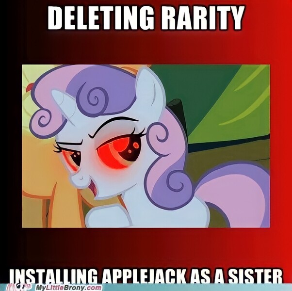 Size: 1000x996 | Tagged: safe, derpibooru import, edit, edited screencap, screencap, applejack, sweetie belle, pony, unicorn, g4, season 2, sisterhooves social, caption, female, filly, foal, image, image macro, jpeg, meme, my little brony, open mouth, red eyes, solo focus, text