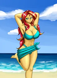 Size: 1400x1900 | Tagged: suggestive, artist:zachc, derpibooru import, sunset shimmer, equestria girls, g4, arm behind head, armpits, beach, belly button, big breasts, bikini, breasts, busty sunset shimmer, clothes, cloud, female, image, looking at you, png, raised leg, sexy, smiling, solo, solo female, stupid sexy sunset shimmer, swimsuit