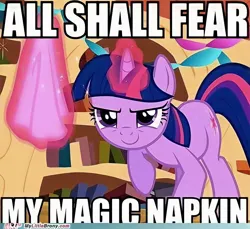 Size: 1000x916 | Tagged: safe, derpibooru import, edit, edited screencap, screencap, twilight sparkle, pony, unicorn, g4, season 2, secret of my excess, caption, female, image, image macro, jpeg, magic, magic aura, mare, meme, my little brony, napkin, text, unicorn twilight