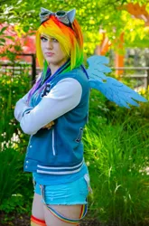 Size: 822x1242 | Tagged: safe, artist:brawny buck, derpibooru import, rainbow dash, human, g4, clothes, cosplay, costume, crossed arms, everfree northwest, everfree northwest 2015, goggles, image, irl, irl human, jpeg, multicolored hair, photo, rainbow hair