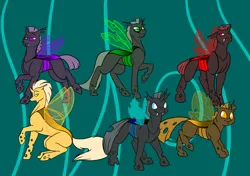 Size: 1280x900 | Tagged: safe, artist:foxenawolf, derpibooru import, oc, changeling, fanfic:conversations in a canterlot café, blue changeling, fanfic art, green changeling, image, jpeg, orange changeling, purple changeling, red changeling, yellow changeling