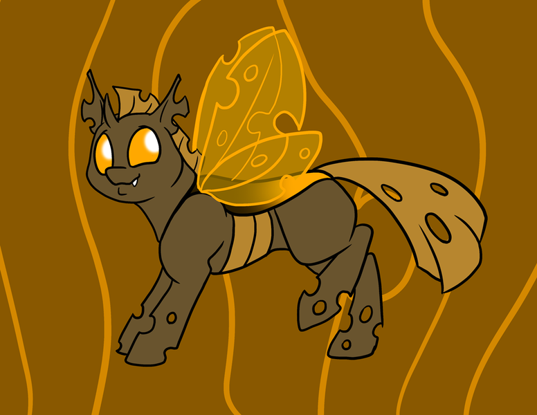 Size: 1000x773 | Tagged: safe, artist:foxenawolf, derpibooru import, oc, changeling, fanfic:conversations in a canterlot café, holes, horn, image, orange changeling, png, smiling, wings