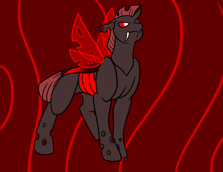 Size: 1000x773 | Tagged: safe, artist:foxenawolf, derpibooru import, oc, changeling, fanfic:conversations in a canterlot café, fangs, holes, horn, image, png, red changeling, solo, wings