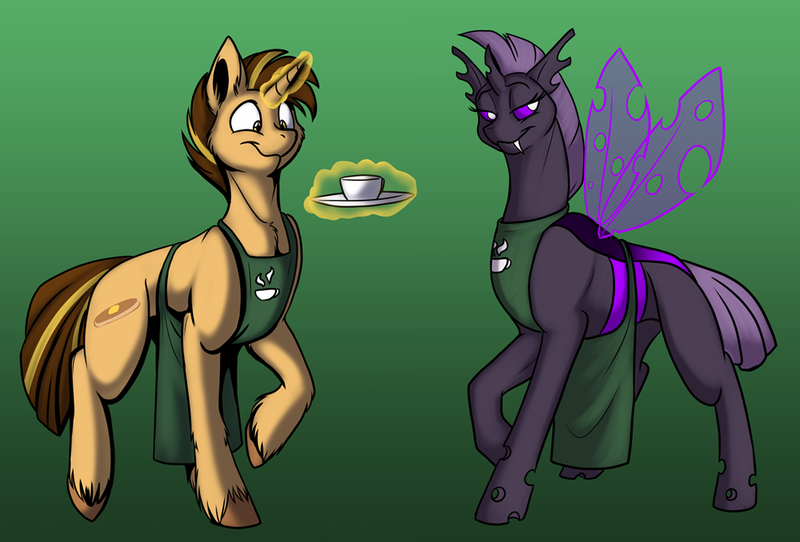 Size: 1000x678 | Tagged: safe, artist:foxenawolf, derpibooru import, oc, oc:frothy brew, oc:mixitkl, unofficial characters only, changeling, pony, unicorn, fanfic:conversations in a canterlot café, apron, clothes, duo, image, png, purple changeling