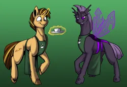 Size: 1000x678 | Tagged: safe, artist:foxenawolf, derpibooru import, oc, oc:frothy brew, oc:mixitkl, unofficial characters only, changeling, pony, unicorn, fanfic:conversations in a canterlot café, apron, clothes, duo, image, png, purple changeling