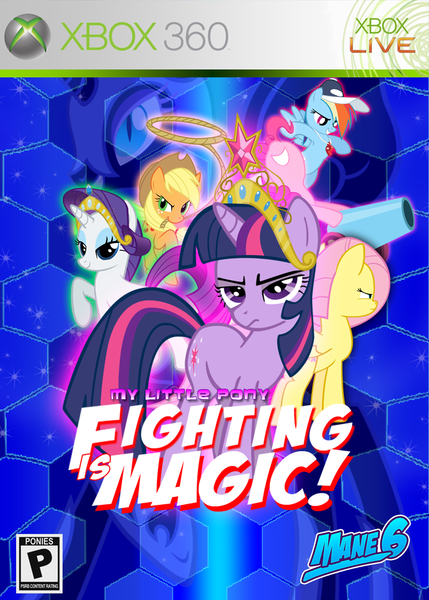 Size: 720x1008 | Tagged: safe, artist:rorycon, derpibooru import, applejack, fluttershy, nightmare moon, pinkie pie, rainbow dash, rarity, twilight sparkle, pony, unicorn, fighting is magic, g4, big crown thingy, cover art, element of magic, female, image, jewelry, lasso, mane six, party cannon, png, regalia, rope, unicorn twilight, xbox 360