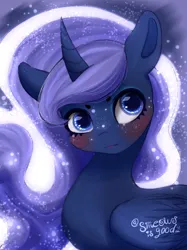 Size: 1024x1366 | Tagged: safe, artist:sjmarts, derpibooru import, princess luna, alicorn, pony, g4, blushing, bust, constellation freckles, cute, female, freckles, image, jpeg, lunabetes, mare, smiling, solo