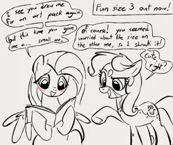 Size: 1054x882 | Tagged: suggestive, artist:dotkwa, derpibooru import, fluttershy, oc, oc:dotmare, earth pony, pegasus, pony, g4, blushing, dialogue, duo, female, gray background, grayscale, hoof hold, image, implied futa, implied penis, jpeg, magazine, mare, monochrome, nudity, partial color, partial nudity, porn, reacting to nudity, reading, simple background, speech bubble