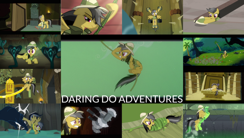 Size: 1280x721 | Tagged: safe, derpibooru import, edit, edited screencap, editor:quoterific, screencap, daring do, pegasus, pony, daring don't, daring done?, daring doubt, g4, read it and weep, season 2, season 4, season 6, season 7, season 9, stranger than fan fiction, spoiler:s09, eyes closed, female, flying, grin, image, letterboxing, mare, open mouth, png, smiling, solo, spread wings, wings