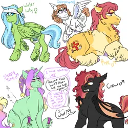 Size: 3000x3000 | Tagged: safe, artist:gingygin, derpibooru import, oc, oc:crow, oc:daisychain, oc:rye, oc:sleepy time, oc:water lily, unofficial characters only, bat pony, earth pony, pegasus, pony, unicorn, bags under eyes, bat pony oc, bat wings, dialogue, feathered fetlocks, female, frog (hoof), half-siblings, hat, high res, image, male, mare, nightcap, offspring, parent:tree hugger, parent:unknown, png, siblings, simple background, stallion, underhoof, unshorn fetlocks, white background, wings