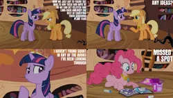 Size: 1280x720 | Tagged: safe, derpibooru import, edit, edited screencap, editor:quoterific, screencap, applejack, pinkie pie, twilight sparkle, twilight sparkle (alicorn), alicorn, earth pony, pony, g4, princess twilight sparkle (episode), season 4, applejack's hat, big crown thingy, cowboy hat, element of honesty, element of laughter, element of magic, female, golden oaks library, hat, image, jewelry, jpeg, library, mare, open mouth, regalia, smiling