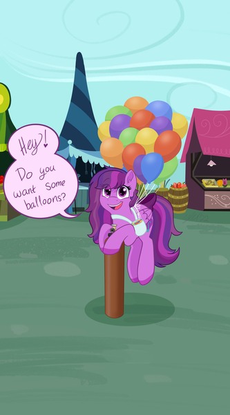 Size: 3000x5400 | Tagged: safe, artist:horse-time-babey, derpibooru import, oc, oc:emilia starsong, unofficial characters only, pegasus, pony, absurd resolution, bag, balloon, balloon package, dialogue, female, floating, helium tank, image, jpeg, mare, outdoors, ponyville, saddle bag, solo, speech bubble, talking to viewer, that pony sure does love balloons