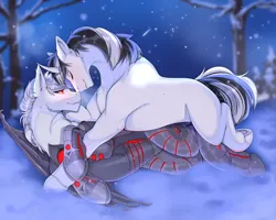 Size: 5000x4000 | Tagged: safe, artist:kuroran, derpibooru import, oc, oc:oni, cyborg, belly, colored, concave belly, duo, female, image, jpeg, looking at someone, male, night, nuzzling, outdoors, shading, snow