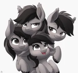 Size: 2050x1900 | Tagged: safe, artist:luminousdazzle, derpibooru import, oc, oc:grey matter, unofficial characters only, earth pony, pony, black and white, chest fluff, clone, commission, cute, ear fluff, ear tufts, female, floppy ears, grayscale, grumpy, image, long ears, looking at each other, looking at someone, mare, monochrome, multeity, open mouth, png, self paradox, self ponidox, simple background, smiling, smug, unshorn fetlocks, white background