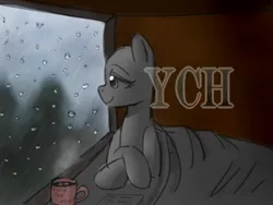 Size: 1600x1200 | Tagged: safe, artist:kaikururu, derpibooru import, oc, unofficial characters only, earth pony, pony, bald, commission, earth pony oc, eyelashes, image, indoors, lying down, mug, png, prone, rain, smiling, window, your character here