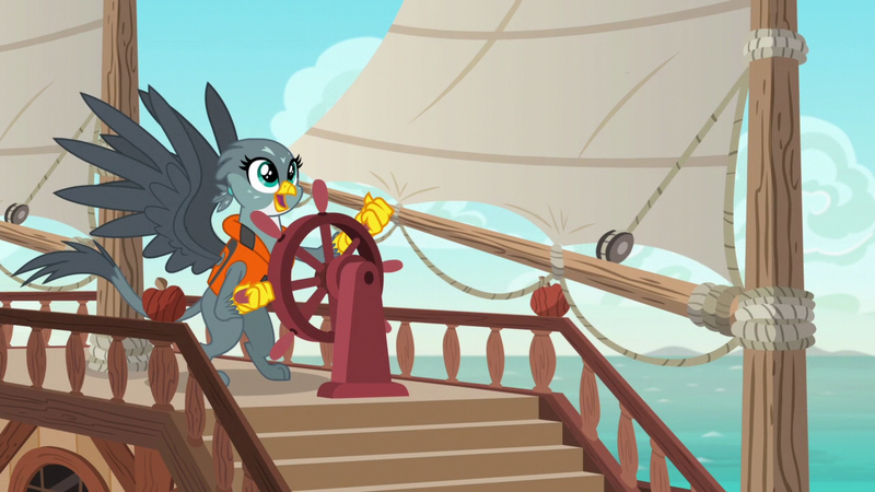 Size: 1280x720 | Tagged: safe, derpibooru import, screencap, gabby, gryphon, g4, the fault in our cutie marks, beak, boat, female, gabby's shanty, image, lifejacket, open beak, open mouth, open smile, png, ship wheel, solo, spread wings, steering, wings