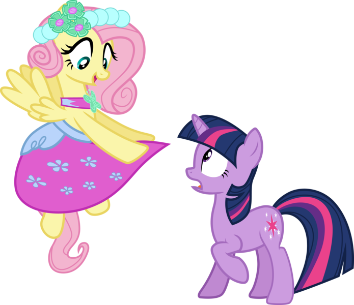 Size: 3473x3000 | Tagged: safe, artist:cloudy glow, derpibooru import, fluttershy, twilight sparkle, pegasus, pony, unicorn, a canterlot wedding, g4, .ai available, alternate hairstyle, clothes, dress, duo, duo female, female, flying, full body, high res, hooves, horn, image, looking at someone, looking down, mare, multicolored mane, multicolored tail, open mouth, open smile, png, raised hoof, simple background, smiling, spread wings, standing, surprised, tail, transparent background, unicorn twilight, vector, wedding dress, wings