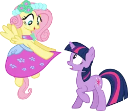 Size: 3473x3000 | Tagged: safe, artist:cloudy glow, derpibooru import, fluttershy, twilight sparkle, pegasus, pony, unicorn, a canterlot wedding, g4, .ai available, alternate hairstyle, clothes, dress, duo, duo female, female, flying, full body, high res, hooves, horn, image, looking at someone, looking down, mare, multicolored mane, multicolored tail, open mouth, open smile, png, raised hoof, simple background, smiling, spread wings, standing, surprised, tail, transparent background, unicorn twilight, vector, wedding dress, wings