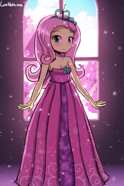 Size: 750x1125 | Tagged: safe, artist:lumineko, derpibooru import, fluttershy, costume conundrum, equestria girls, equestria girls series, g4, spoiler:eqg series (season 2), alternate universe, bare shoulders, breasts, cleavage, clothes, costume conundrum: rarity, cute, dress, female, flutterbeautiful, gown, image, jpeg, looking at you, my little pony equestria girls: better together, princess costume, princess fluttershy, shyabetes, sleeveless, smiling, smiling at you, solo, strapless