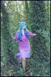 Size: 3456x5184 | Tagged: safe, artist:krazykari, derpibooru import, izzy moonbow, human, g5, my little pony: a new generation, absurd file size, clothes, cosplay, costume, horn, image, irl, irl human, leaf, nature, photo, png, skirt, solo, sweater, tree