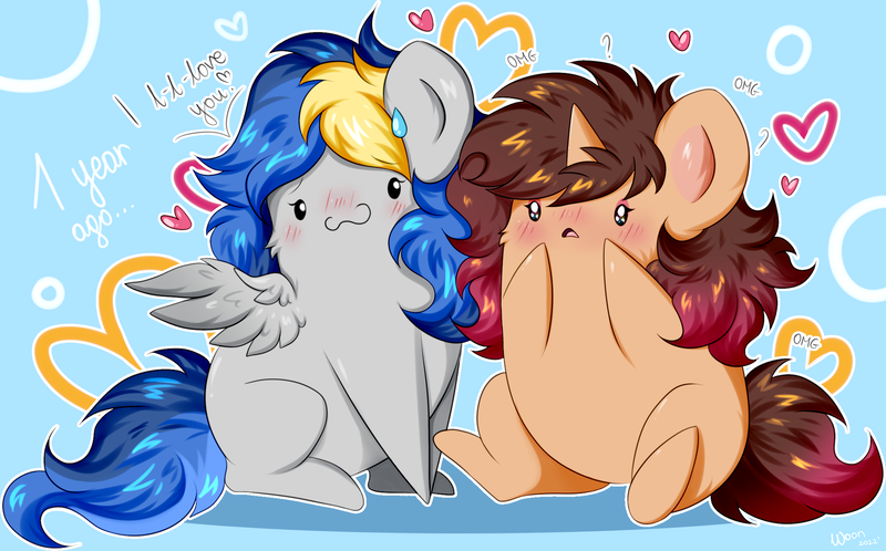 Size: 2058x1280 | Tagged: safe, artist:woonborg, derpibooru import, oc, oc:bluecode, oc:woonie, pegasus, pony, unicorn, anniversary, chibi, heart, image, love, png, potato pony, relationship