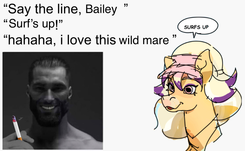 Size: 1206x742 | Tagged: artist needed, safe, derpibooru import, horse, human, pony, bailey (wild manes), bust, chad, cigarette, dialogue, duo, duo male and female, eyeshadow, female, hat, human male, image, jpeg, makeup, male, mare, meme, smiling, speech bubble, wild manes