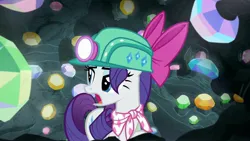 Size: 1920x1080 | Tagged: safe, derpibooru import, screencap, rarity, pony, g4, the end in friend, bow, cave, eyelashes, female, gem, gem cave, gemstones, hair bow, headlamp, helmet, image, jpeg, mare, missing horn, neckerchief, solo, underground